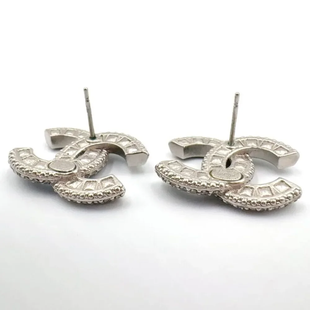 Chanel Coco Mark Earrings Silver Black Rhinestone